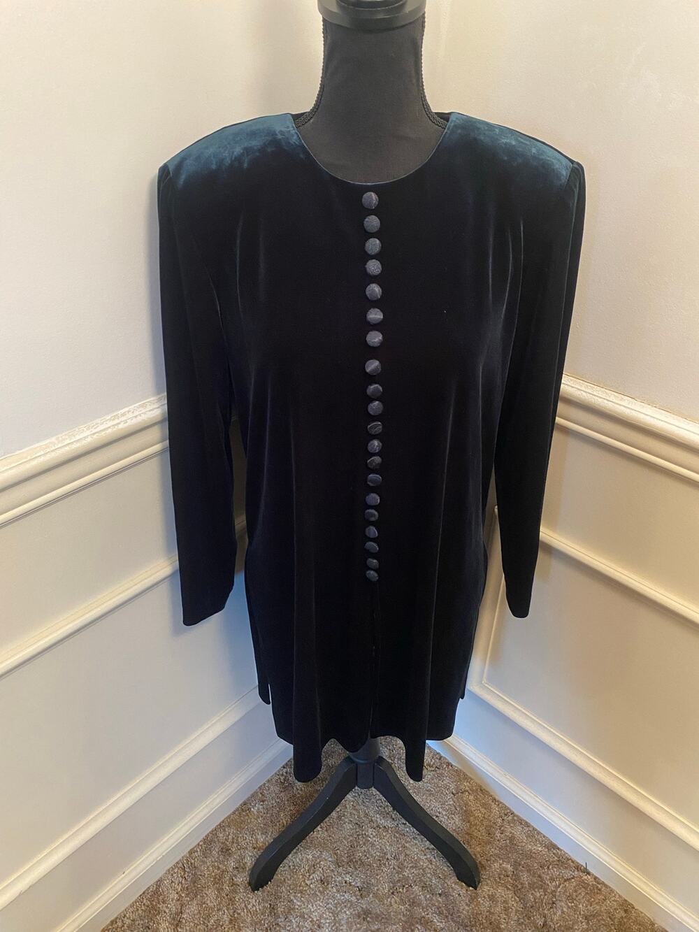 JBS Ltd Vintage Green Velvet Holiday Dress Button Front Midline Slit Zip Back